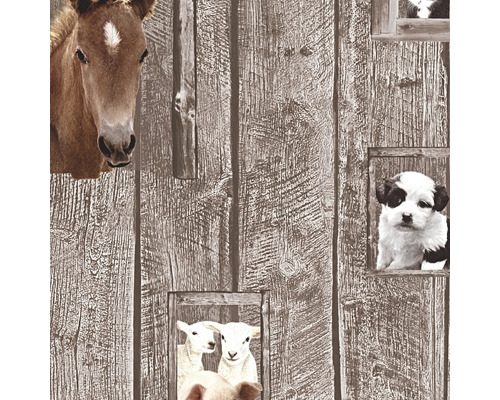 Tapeta s dřevěnými deskami a motivy koní, jehňat a psů