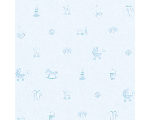 Tapeta s dětskými motivy, jako jsou kočárky, plyšoví medvídci a hračky