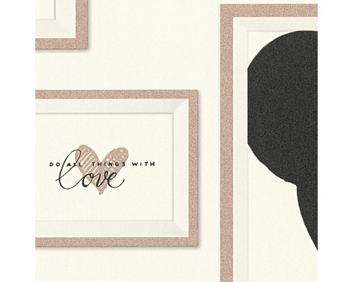 Detailní záběr rámovaných obrázků s nápisy ''Do all things with Love'' a abstraktním zobrazením