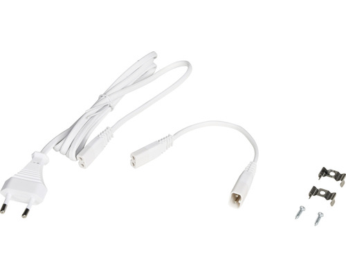 Připojovací kabel se zástrčkou, spojovacím kusem a upevňovacími svorkami