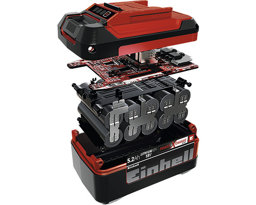 Baterie Einhell v rozloženém pohledu s 5,2 ampérhodinami a 18 volty