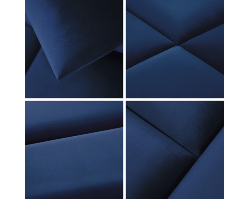 Detailní záběr čtyř modrých akustických panelů s geometrickými vzory