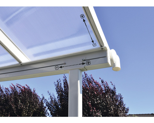 Detail terasového zastřešení s nastavovacím mechanismem.