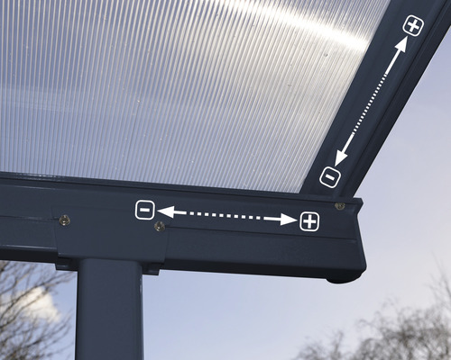 Detail terasového zastřešení s polykarbonátovými deskami a značkami pro rozměry