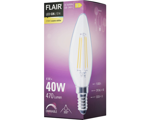 Žárovka LED FLAIR C35/E14, 4 W odpovídá 40 W, 470 lumenů, 2700 K teplá bílá, stmívatelná