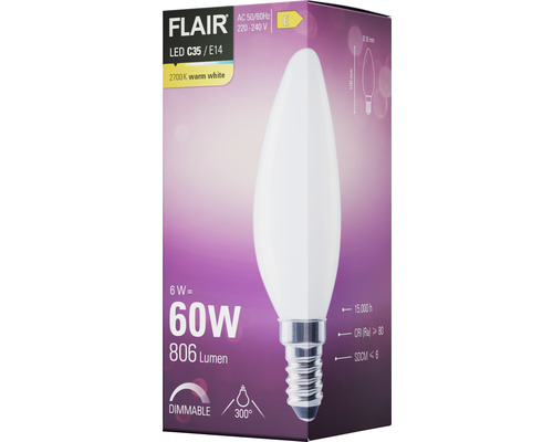 Žárovka LED Flair C35 E14, 6 W, odpovídá 60 W, 806 lumenů, 2700 K teplá bílá, stmívatelná