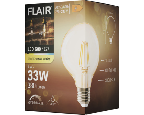 Balení LED žárovky Flair G80 s paticí E27, výkon 4 watty, ekvivalent 33 wattů, 380 lumenů, nestmívatelná