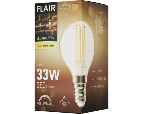 LED žárovka FLAIR G45/E14, 4 W, ekvivalent 33 W, 380 lumenů, 2000 kelvinů, teplá bílá, nestmívatelná