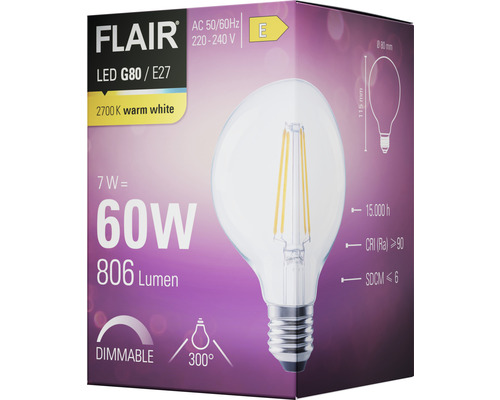 Balení stmívatelné LED žárovky Flair G80 E27 o výkonu 7 W, což odpovídá 60 W