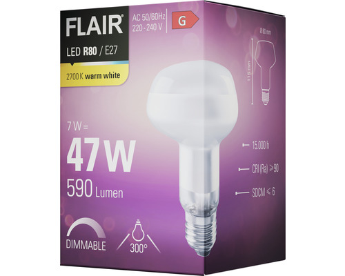 Balení stmívatelné LED žárovky Flair R80 E27 s výkonem 7 W, což odpovídá 47 W