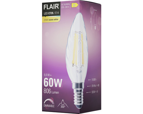 Balení stmívatelné LED žárovky Flair CT35 E14 s 5,5 W, odpovídá 60 W a 806 lumenů
