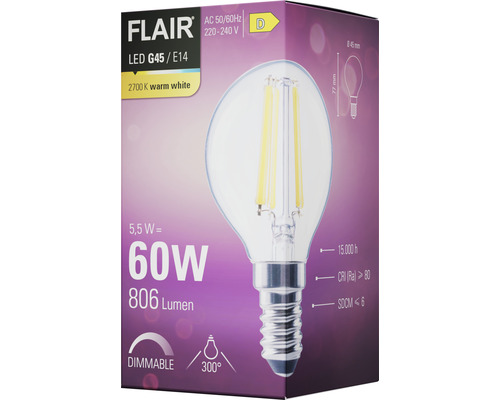 Balení stmívatelné LED žárovky Flair G45/E14
