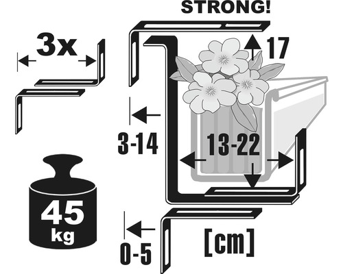 Technický nákres úhelníkové konzoly s rozměry a nosností do 45 kilogramů.