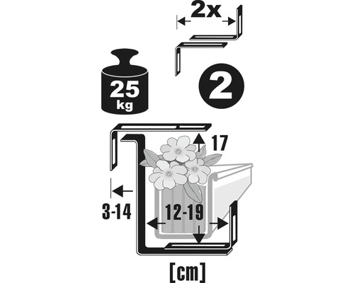 Technický nákres držáku na květinové truhlíky s rozměry a nosností 25 kilogramů