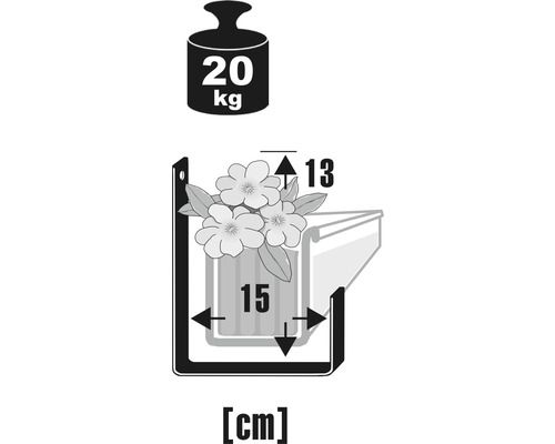 Technický výkres držáku na květináč s rozměry a uvedením nosnosti 20 kilogramů.
