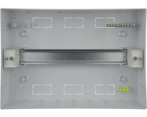 Vnitřní pohled na rozvodnou skříň s lištou DIN a lištou pro vyrovnání potenciálu