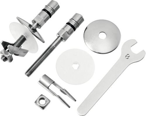 Upevňovací materiál pro sanitární instalace se šrouby, maticemi, podložkami a klíčem