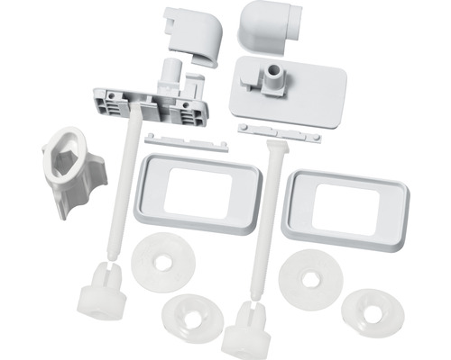Upevňovací sada pro WC sedátka, skládající se z různých montážních prvků z plastu