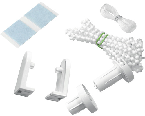 Sada příslušenství pro rolety skládající se z lepicích proužků, šňůry, kuličkového řetízku a držáků