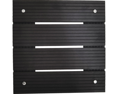 Tmavě hnědý terasový prvek ze dřeva se čtyřmi stříbrnými šrouby