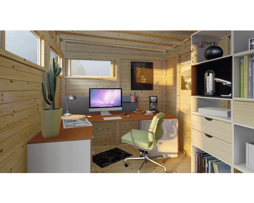 Dřevěná zahradní chatka kancelář se stolem, kancelářskou židlí, regály a počítačem