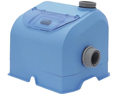 Modrý rozdělovač bazénu s průhledným víkem a šedou přípojkou