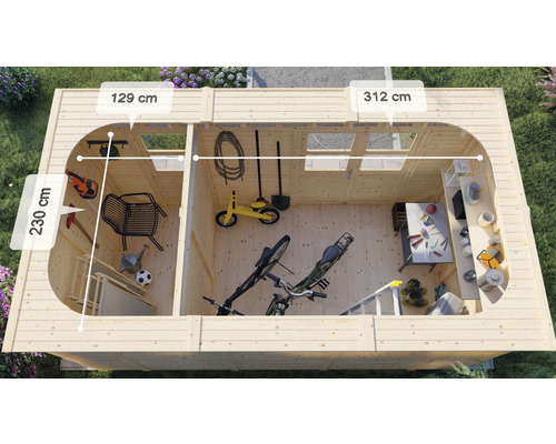 Pohled shora na zahradní domek s interiérem a rozměry