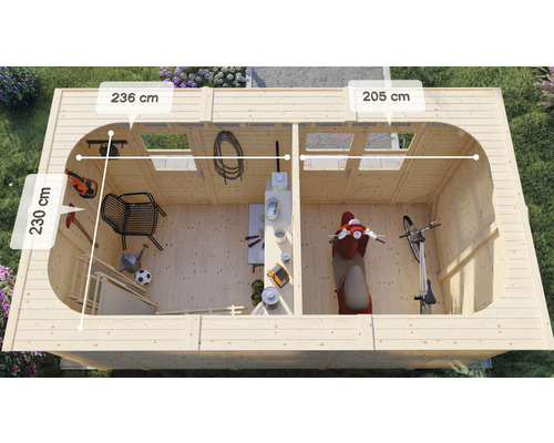 Pohled shora na zahradní domek s rozměry výšky a šířky.