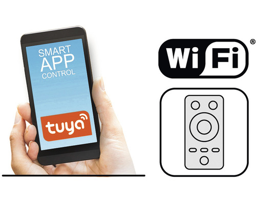 Smartphone s ovládáním aplikací, symbolem WiFi a symbolem dálkového ovládání