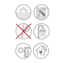 Symboly pro denní světlo, řezání, žádná vlhkost, sprcha, UV ochrana a zelená elektřina