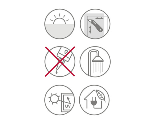 Symboly pro denní světlo, řezání, žádná vlhkost, sprcha, UV ochrana a zelená elektřina