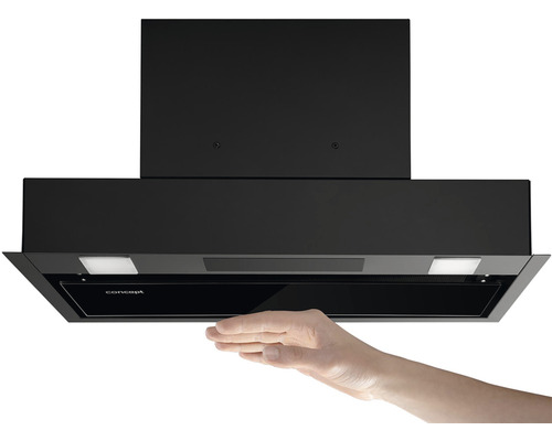 Kovový odsavač par s ovládacím panelem a integrovaným osvětlením.