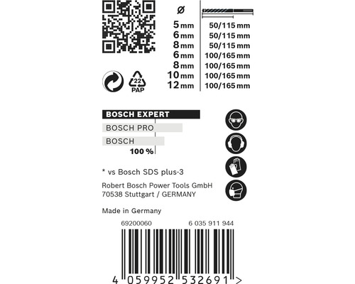 Informace o velikosti vrtáků Bosch Expert a bezpečnostních opatřeních