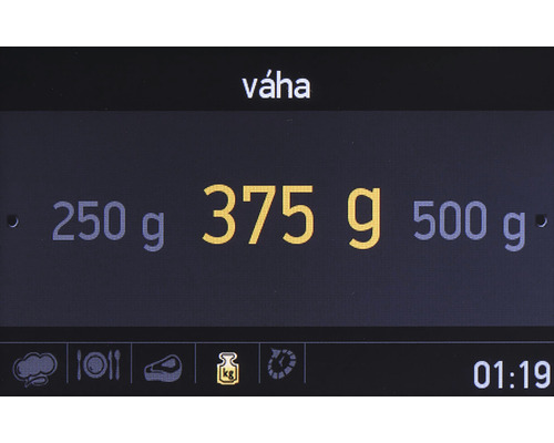 Displej kuchyňské váhy s údaji o hmotnosti