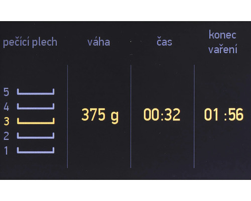 Displej trouby s informacemi o plechu, hmotnosti, čase a konci vaření