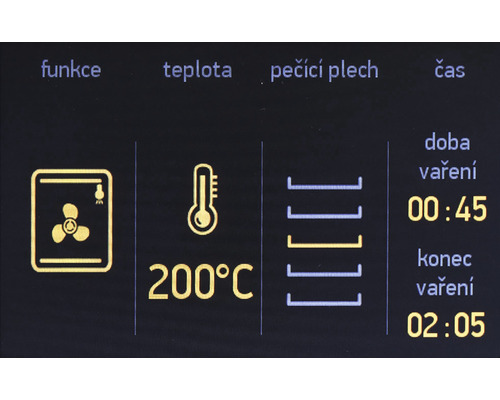 Displej se symboly pro funkci, teplotu, plech na pečení a dobu vaření