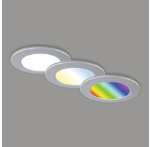 Tři kulatá vestavná LED svítidla s různými barvami světla