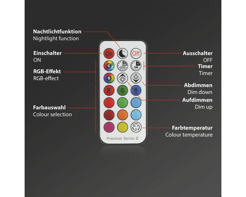 Dálkové ovládání s tlačítky pro ovládání funkce nočního světla, vypínače, RGB efektu, výběru barev, časovače, funkce stmívání a teploty barev.
