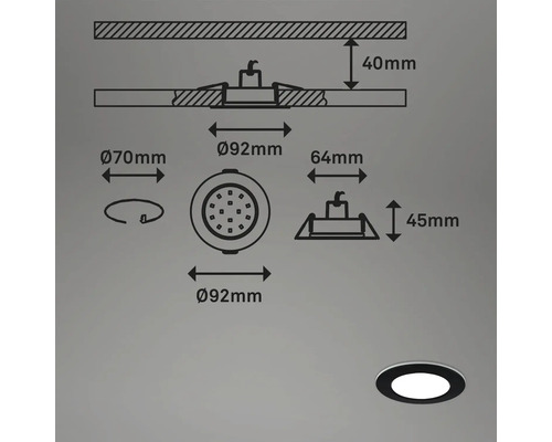 Technický nákres vestavného svítidla s rozměry
