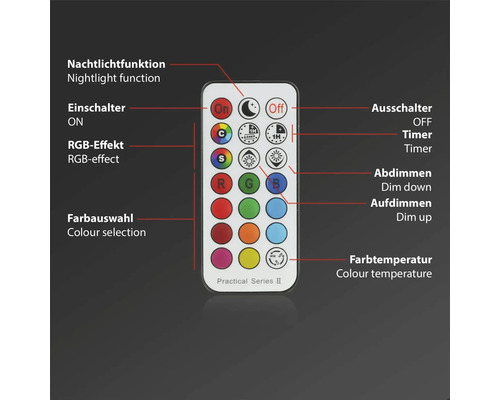 Dálkové ovládání pro lampu s funkcemi, jako je noční světlo, časovač a výběr barev