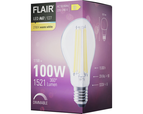 Žárovka FLAIR LED A67 E27, 100 W, stmívatelná na obalu