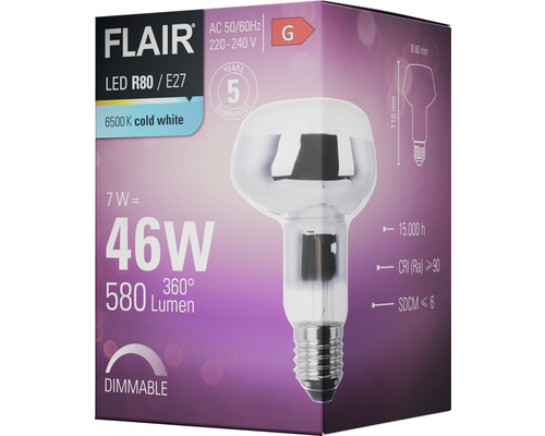 LED žárovka FLAIR R80 E27, 7 W, odpovídá 46 W, 6500 Kelvinů studená bílá, stmívatelná