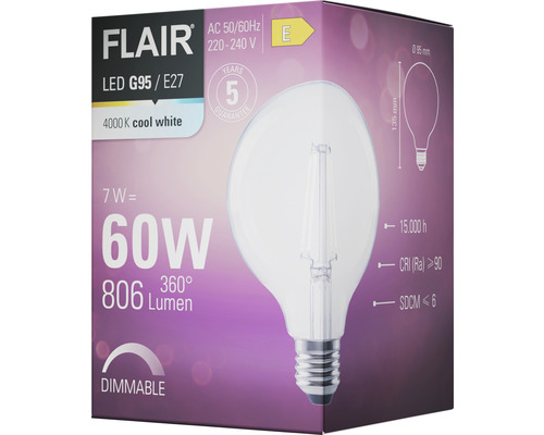 Balení stmívatelné LED žárovky Flair G95 E27 s 806 lumeny a 4000 Kelviny
