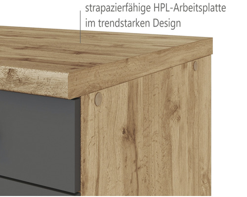Detailní pohled na komodu s odolnou HPL pracovní deskou v moderním designu