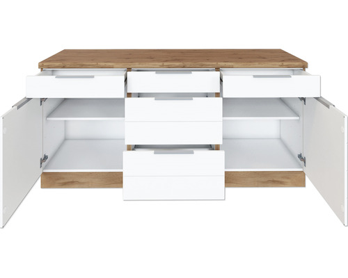 Příborník s otevřenými zásuvkami a dvířky skříněk