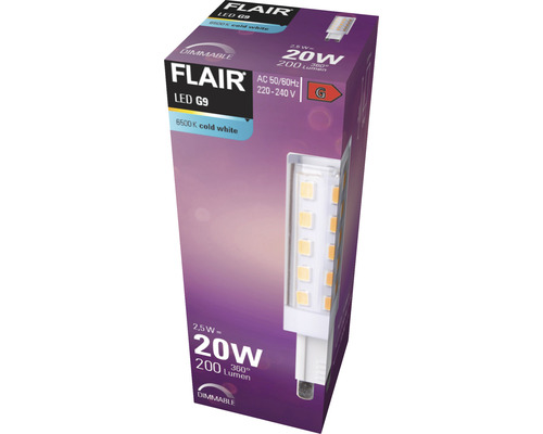 Balení stmívatelné LED žárovky Flair G9 s chladným bílým světlem 6500 Kelvinů