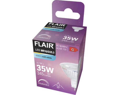 Balení LED žárovky Flair MR16/GU5.3, 4,7 W odpovídá 35 W, 345 lumenů, stmívatelná