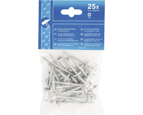 25 klempířských šroubů 4,5 x 65 milimetrů nerezová ocel A2