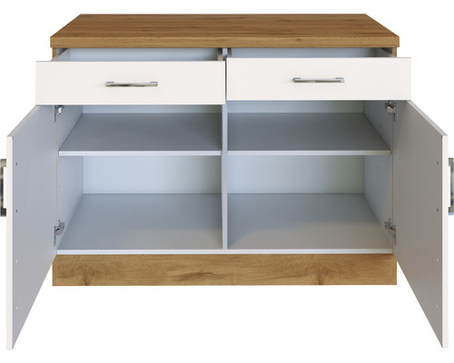 Komoda se dvěma zásuvkami a dvěma otevřenými dvířky