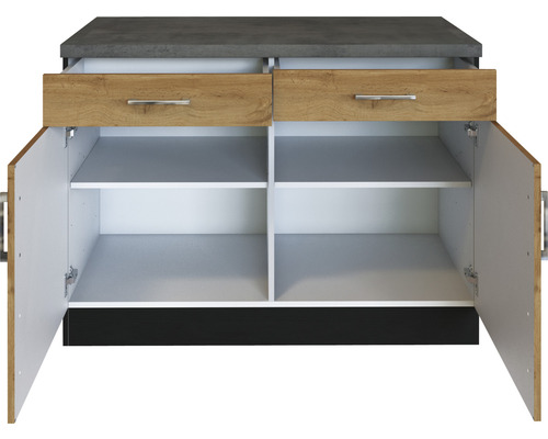 Spodní skříňka se dvěma zásuvkami, dvěma otevřenými dveřmi a policemi